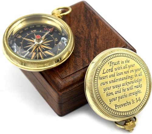 Trust in The Lord With All Your Heart - Proverbs 3:5-6 Quote Engraved Compass With Wooden Box, Greeting Card, Gift Compass, Graduation Day Gifts 2024 for Women Men Boys Girls - style: #3 Trust in The Lord Compass -Proverbs 3: 5-6