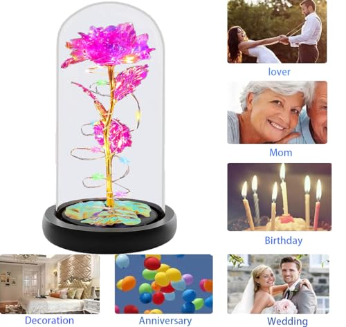 Fvawe Birthday Gifts for Women,Rose Glass Flowers Gifts for Mom,Galaxy Crystal Light Up Rose in A Glass Dome,Presents Girlfriend Wife Sister Grandma Her Anniversary Valentines Mothers Day, Pink - color: Pink Colorful