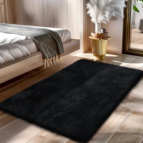Fluffy Rug Shag Area Rug, Black 2x4 Area Rugs for Bedroom, Small Bedside Rug, Soft Fluffy Shag Entryway Throw Rugs for Living Room Bedroom Room Home Decor - color: Black, size: 2' x 4' (Rectangular)
