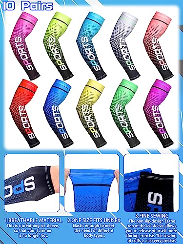 Tisancy 10 Pairs Sun Protection UV Arm Sleeves Cooling Anti Slip Compression Sleeves Sports Polyester Cycling Covers - size: Large, style: Bright Style