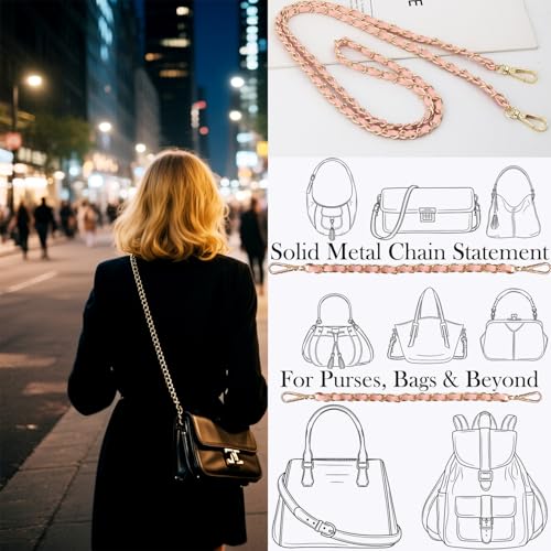 2 Pcs Purse Chain Strap, 47" Gold Chain with Leather, Crossbody Bag Replacement Straps,Handbag Chain for Shoulder Bags - color: Pink