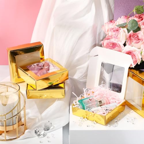 Zonon 30 Pcs Kraft Paper Boxes with Window 4.13 x 4.13 x 1.18 Inch Candy Packaging, Small Gift Boxes, Soap holder, Mini Treat Packaging for Bakery Chocolate Jewelry Display (Gold) - color: Gold