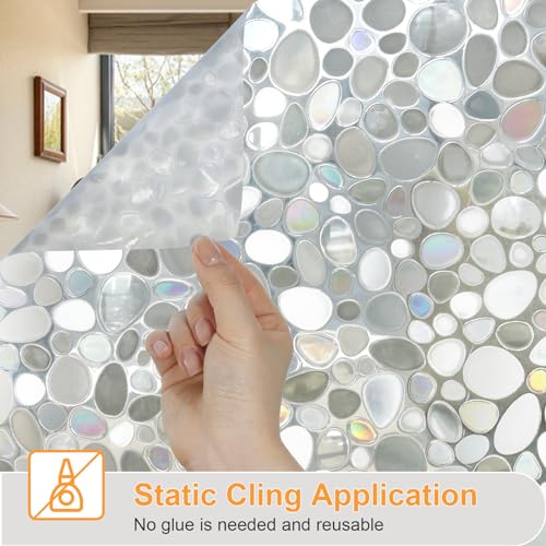 Window Privacy Film, Stained Glass Films, 3D Pebble Rainbow Windows Cling Decorative Window Decals, Sun Blocking Stickers Static Cling Door Windows Covering (17.5" x 78.7")
