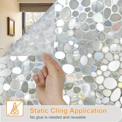 Window Privacy Film, Stained Glass Films, 3D Pebble Rainbow Windows Cling Decorative Window Decals, Sun Blocking Stickers Static Cling Door Windows Covering (17.5" x 78.7")