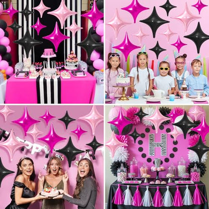 Hot Pink Black Star Balloons,12Pcs Four Angle Star Foil Balloons - color: Black Rose Red