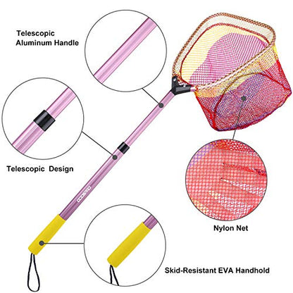 Kids Fishing Net - Telescoping Bait, Minnow, and Butterfly Net With 11.4" Depth, Handle Extends to 30" for Easy Catch and Release - color: Pink-1pack