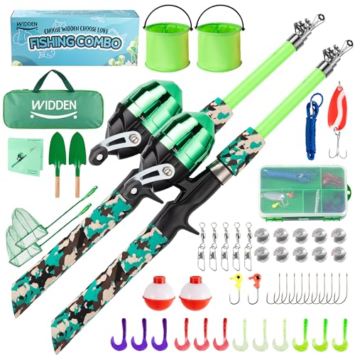 WIDDEN Kids Fishing Pole, Portable Telescopic Kids Fishing Poles for Boys and Girls, Fishing Rod and Reel Combo Kit with Tackle Box, and Fishing Net, Best Fishing Pole for Toddler Youth - color: Green+Green