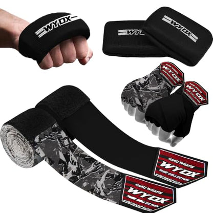 WYOX Boxing Hand Wraps & Gel Knuckle Guards Set for MMA, Muay Thai & Kickboxing - 2 Pair Hand Wraps + 1 Pair Knuckle Guards - Hand Wrist Protection for Men & Women Training - color: Grey/Black