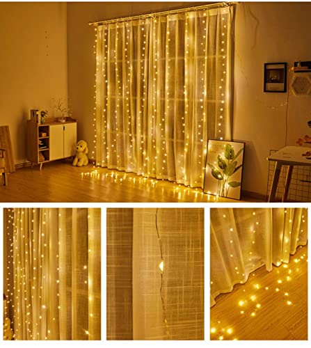 300 LED Curtain String Lights, Twinkle Fairy Lights for Bedroom with 8 Lighting Modes, USB Christmas Lights for Party Home Bedroom Indoor Wall Room Decor (Warm White)