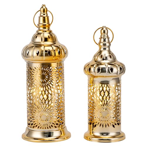 TRIROCKS Ramadan Lanterns Set of 2 10" &12.5" Gold Electric Candle Holders with Timer, Metal Decorative Vintage Lanterns for Indoor/Outdoor Decor, Perfect EID Mubarak Gift - color: Sunburst Lantern