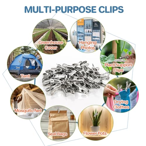 50 PCS Garden Clips for Netting - Stainless Steel Greenhouse Clamps | RAINFLOW Strong Grip Heavy Duty Metal Clip for Shade Cloth, Plant Cover, Garden Hoops & Greenhouse Supplies