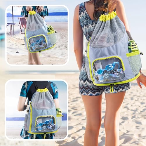 Mesh Drawstring Backpack with Shoe Compartment, Sandproof Beach Swim Bag with Wet Pocket, Pool Gym Shower Bag for Travel Summer Camp - color: Grey, style: Style a