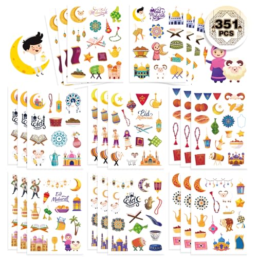 351PCS Eid Mubarak Theme Stickers for Kids Ramadan Kareem and Eid Stickers Sheets رمضان مبارك Holy Kaaba Quran Ramadan Decoration Islamic Muslim Party Supplies Decorations - style: Eid Mubarak Theme Stickers