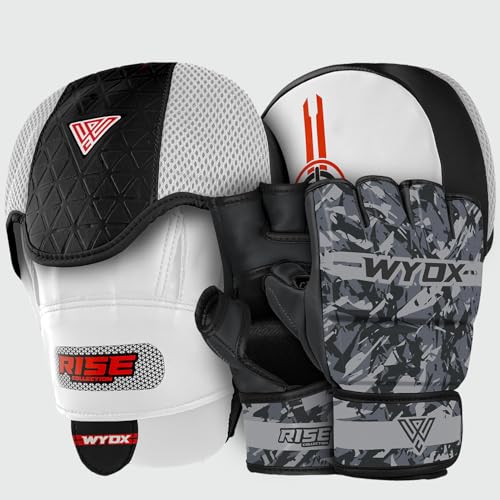 WYOX MMA Gloves & Boxing Focus Mitts Set – Hybrid Open Palm Grappling Gloves with Wrist Support + Curved Punching Pads with Gel Shock for Muay Thai, Kickboxing, Karate Training (Men & Women)