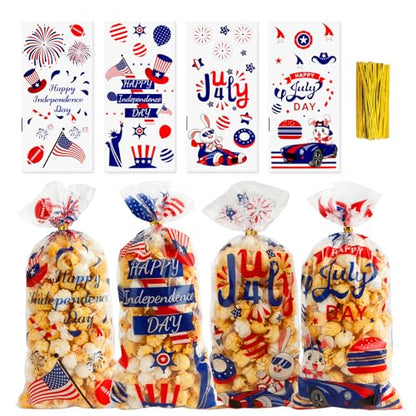 4th of July Treat Bags, 200 PCS Patriotic Cellophane Bags, Plastic Clear Red White Blue Candy Cookie Gift Goodie Snack Bag with Twist Tie for Independence Day 4th Fourth of July Party Favors Supplies - color: Clear-Patriotic-200pcs
