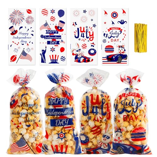 4th of July Treat Bags, 200 PCS Patriotic Cellophane Bags, Plastic Clear Red White Blue Candy Cookie Gift Goodie Snack Bag with Twist Tie for Independence Day 4th Fourth of July Party Favors Supplies - color: Clear-Patriotic-200pcs