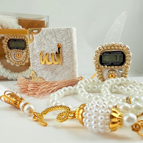 BABY SHOWER CHOCOLATE Islamic Gift Set (Pack of 6) - Digital Tasbih Counter, Mini Quran and Prayer Beads in Elegant Gift Box - Muslim Gift for All Occasions (White)