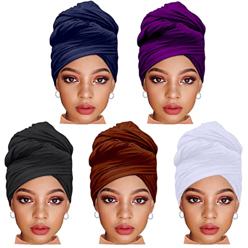 ZRQ 5 Pieces Stretch Turban Hijab African Women's Head Waps Soft and Breathable Super Long Scarf Shawl Solid Color Combination Suitable for Black Women (Black,White,Coffee,Dark Blue,Dark Purple) - color: Black,White,Coffee,Navy Blue,Dark Purple