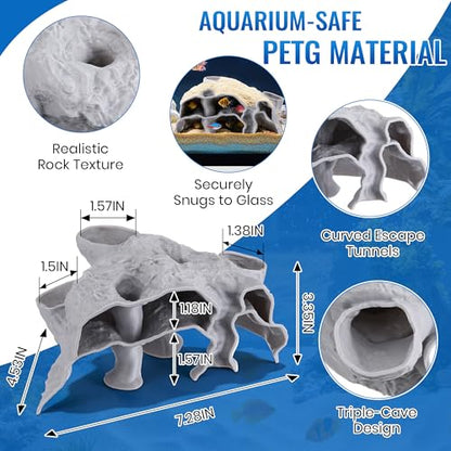 Aquarium Cave Three Hole, 3D Rock Texture Fish Tank Tunnel & Hideout, Natural Under Gravel Aquarium Decor for Small Fish, Shrimp, Corydoras, Kuhli Loach, Hermit Crabs