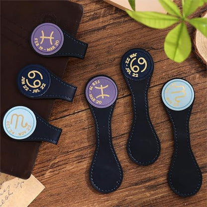 3 PCS Leather Magnetic Bookmark Clips, Zodiac PU Leather Bookmarks for Book Lovers, Full Set of Book Clip Accessories, Water Sign - style: Water Signs Constellation