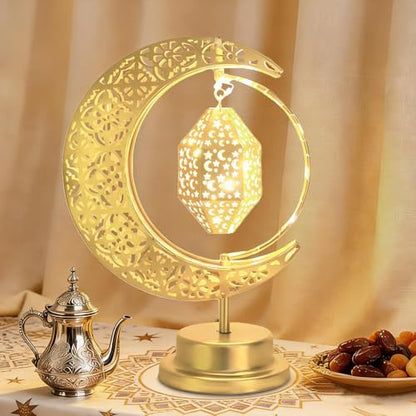 Lifnatty Ramadan Moon Lamp Decorations, Crescent Moon with Ramadan Lantern, Rotating Ramadan Table Lamp, Ramadan Decorations for Home, Eid Mubarak Decorations, Battery Operated Metal Eid Gifts