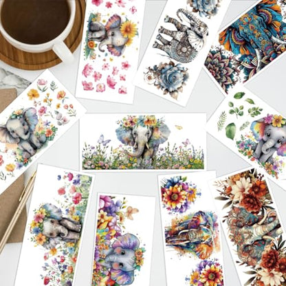 arricraft 10 Sheets UV DTF Cup Wrap Transfer Stickers, 9.45x4.33 Inchs Watercolor Elephant Elephant Mandala Rub on Transfers Decal for 16OZ Glass Cups Furniture Craft Wood DIY Crafts - style: Watercolor Elephant
