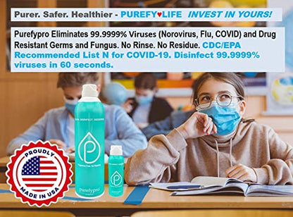 Purefypro Disinfectant Airesol Spray (14oz, 2 Pack) Eliminate 99.9999% Norovirus, HIV, Hepatitis, Flu, Monkeypox Viruses, MRSA, VRE, E Coli, Fungi. No Residue. No Rinse. Suitable for All Surfaces. - size: 14 Ounce (Pack of 2)