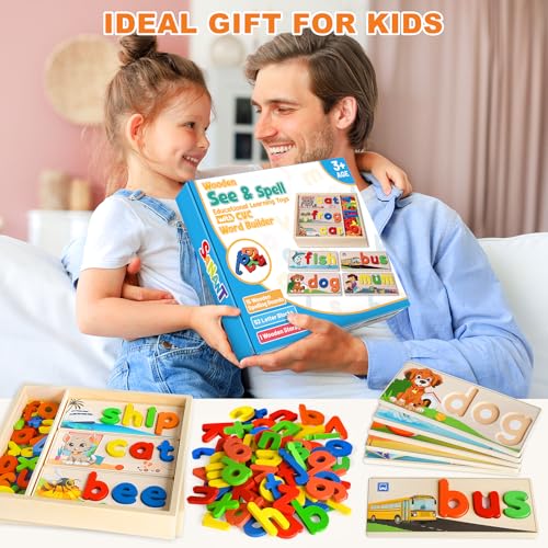 Wooden See & Spell Learning Toys for 2 3 4 5 Year Old Kids, Preschool Learning Activities Alphabet Flash Cards, Educational Match Letter Game Board, CVC Word Builder Montessori Toys Gifts for Boy Girl