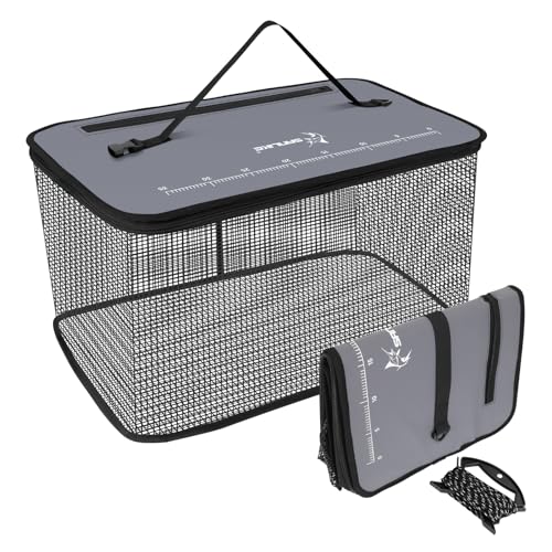 SANLIKE Floating Collapsible Fish Basket Live Minnow Storage Cage | Thick buoyant, rubber coated mesh, foldable compact storage, matched long draw rope for shore & boat angling 24L/40L/59L - color: M-40L-Grey