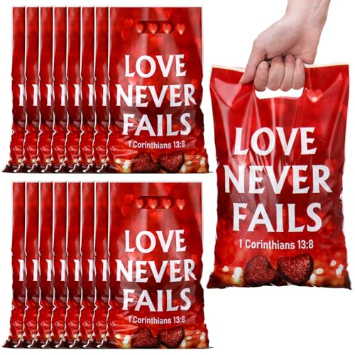 Panelee 100 Pcs Valentine Love Never Fails Plastic Goody Bags with Handles - style: Love Never Fails