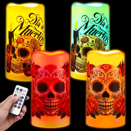 Baquler 4 Pcs Halloween Day of The Dead Flameless Candles Dia De Muertos Decor Sugar LED Battery Operated Skull Candles with Remote Mexican Candle for Day of The Dead Halloween Decor - style: Day of The Dead