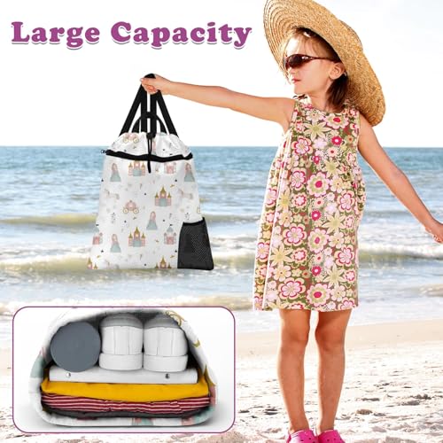 Pink Princess Castle Drawstring Backpack, 15” x 17” Waterproof Swim Bag for Beach Swimming Pool, Lightweight Foldable Gym Bag with Water Bottle Holder for Sports Travel - color: Princess Castle