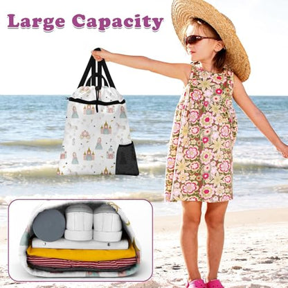 Pink Princess Castle Drawstring Backpack, 15” x 17” Waterproof Swim Bag for Beach Swimming Pool, Lightweight Foldable Gym Bag with Water Bottle Holder for Sports Travel - color: Princess Castle