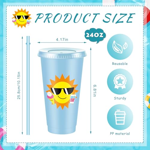 Chuangdi 12 Pcs Beach Pool Party Plastic Cups with Lids and Straws 24 oz Summer Luau Swimming Pool Themed Tumblers Drinking Cups for Beach Ball Hawaii Holiday Gifts Birthday Party Decorations Favors - style: Pool