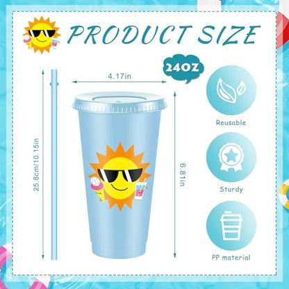 Chuangdi 12 Pcs Beach Pool Party Plastic Cups with Lids and Straws 24 oz Summer Luau Swimming Pool Themed Tumblers Drinking Cups for Beach Ball Hawaii Holiday Gifts Birthday Party Decorations Favors - style: Pool