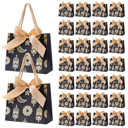 Marspark 30 Pcs Ramadan Mubarak Reusable Gift Bags with Bow, Black Gold Foil Stamping, Eid Lantern Treat Bags with Handles, Reusable Eid for Gifts Wrapping, Kareem Party Supplies, 14 * 6 * 12cm - style: Eid Lantern