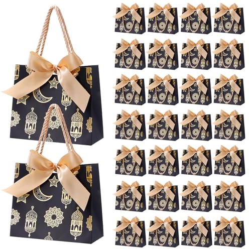 Marspark 30 Pcs Ramadan Mubarak Reusable Gift Bags with Bow, Black Gold Foil Stamping, Eid Lantern Treat Bags with Handles, Reusable Eid for Gifts Wrapping, Kareem Party Supplies, 14 * 6 * 12cm - style: Eid Lantern