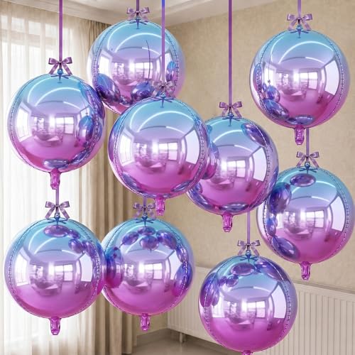 Togvu Blue Purple Round Foil Balloons, 9PCS 22Inch Large 4D Gradient Balloon Sphere Mirror Ball Balloons for Space Game Mermaid Birthday Party Ceiling Decorations Supplies - color: Blue Purple Gradient