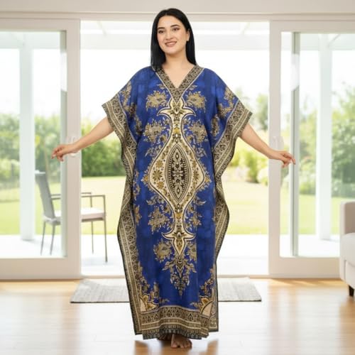Women's Kaftan Dress – Loose Fit Maxi Gown – Kimono Style Beach Cover Up – Elegant Resort Wear and Nightwear - color: Blue