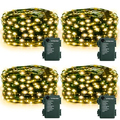 KOUQIYA Christmas Fairy Lights 4 Pack, 18ft 50 LEDs Battery Starry Light with Timer 8 Modes Waterproof Tree Lights for Outdoor Indoor Xmas Garden Party Decor (Warm White, 50 LEDs x 4 Pack) - color: Warm White, size: 50 LEDs x 4 Pack