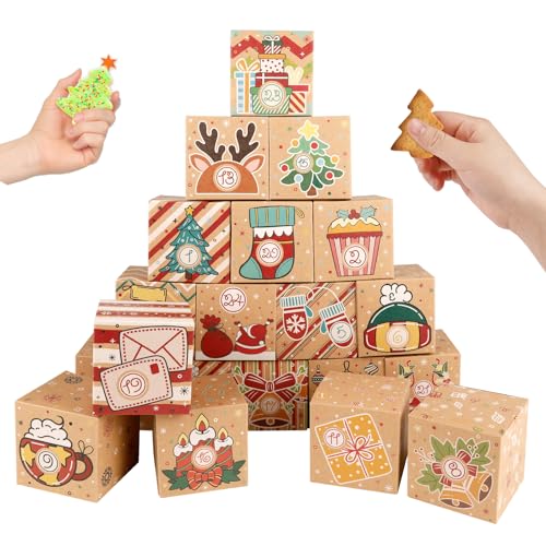 ONESING 24 Pcs DIY Christmas Advent Calendar Boxes for 2025, 24 Days Countdown Calendar Gift for Adults and Kids Christmas Cardboard Number Boxes Make & Fill Your Own Advent Calendar Boxes Lovely Xmas Kraft Papper - color: Style-C