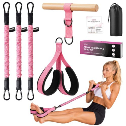 Multifunction Resistance Bands with Handles, Upgraded Dual D-Ring | 3-Tube Adjustable Resistance: 30/60/90 LB | Beech Wood Handle | Wide Foot Pedals | for Abdomen, Waist, Arm, Leg, Pilates - color: Pink