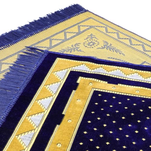 Muslim Prayer Rug, Soft Plush Thin Islamic Prayer Mat, Janamaz, Sajada, Praying Carpet, Islamic Gift, Foldable Portable Turkish Prayer Mat for Men&Women, Lightweight Travel Prayer Rug, 26"x43" - color: Taif / Navy