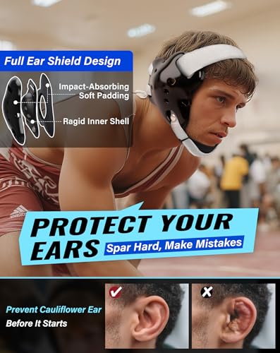 Trymaker Wrestling Headgear, Youth Head Gear with Chin Cup & Pad | Age 10+, Sorf Triple-Layer Ear Guard, 4-Point Adjustment System, MMA, Jiu-Jitsu, BJJ - color: Black Headgear & White Strap