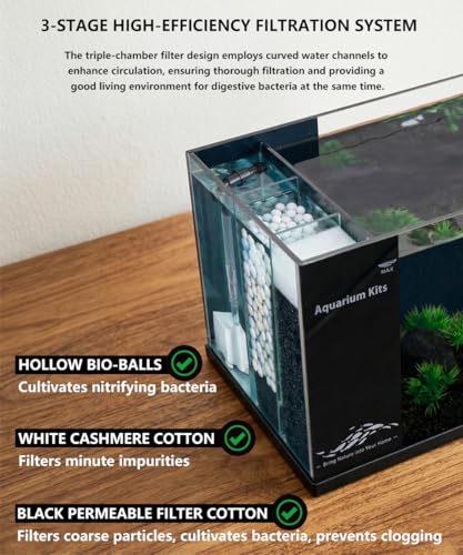 Fish Tank Kit,3.5 Gallon Small Aquarium,Ultra-Clear Nano Aquarium,Betta Fish Tank,Suitable for Small Fish Tank,Aquarium Starter kit,Desktop Fish Tank (Black Background)