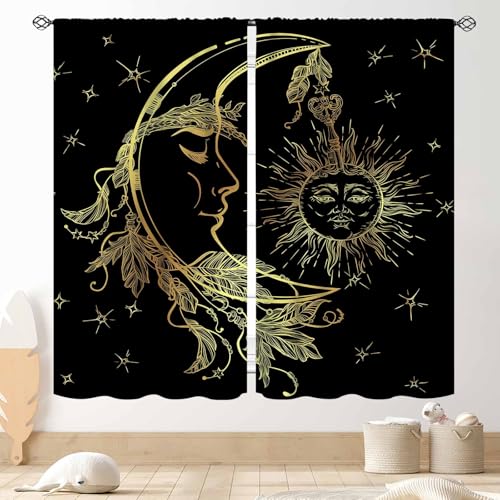 Gothic Sun Moon Curtains, Black Gold Witchy Moon Phase Celestial Tarot Constellation Mystical Star Boho Window Drapery Treatments for Living Room Bedroom Bathroom Kitchen 2 Panels, 42"x45" Inch - color: Celestial-07, size: 21"W x 45"L (Pack of 2)