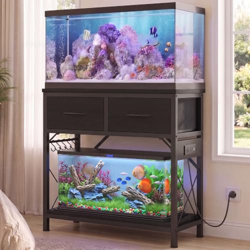 Heybly 20-29-37 Gallon Fish Tank Stand with Power Outlets & StorageHAS011BK | Aquarium Stand with Drawers & Hooks, Metal Frame, 31.5" x 15.7" Top, 400 lbs for Turtle Tank & Reptile Terrarium, Black - color: Black, size: 20-29-37 Gal