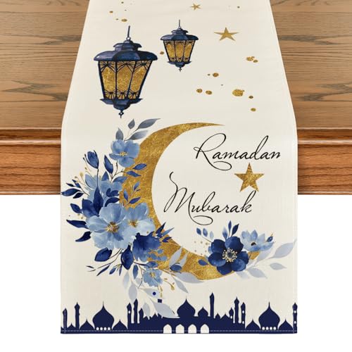 Artoid Mode Castle Lantern Flower Ramadan Table Runner, Seasonal Kitchen Dining Table Decoration for Home Party Decor 13x90 Inch - color: Beige, size: 13" x 90", Table Runner