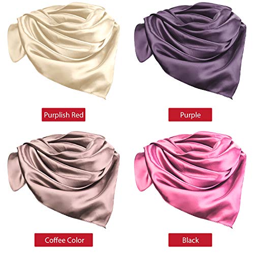 Syhood 4 Pcs 35 Inch Head Satin Large Bandana Satin Scarves Head Scarf for Women's Hair Square Scarf - color: Dark Grey, Camel, Beige, Light Rose Red