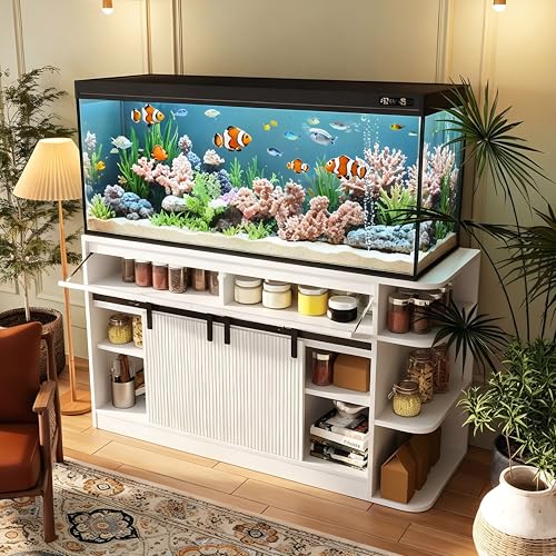 55-75 Gallon Aquarium Stand with Power Outlet & LED Light, Heavy Duty Fish Tank Stand with Sliding Barn Doors, Storage Cabinet for Turtle Tank & Reptile Terrarium, 1200LBS (White-2) - color: White-2